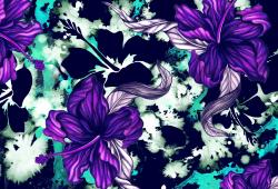 wallunica Abstract Backgrounds | Purple hibiscus flowers over abstract aqua white and navy background - 1